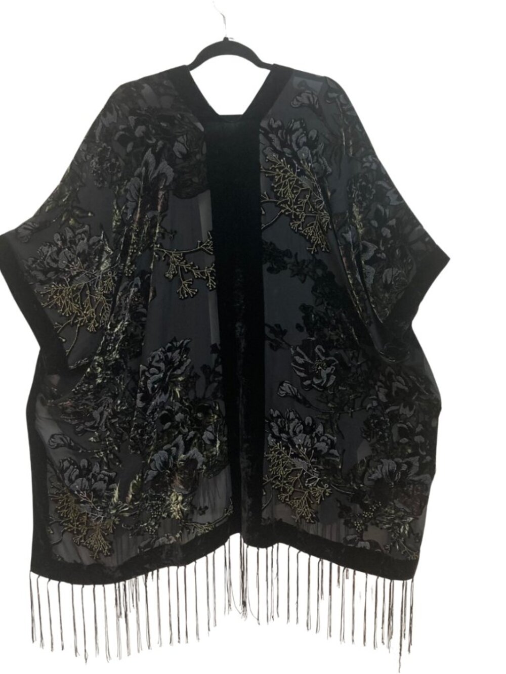 Hillary Scott Sheer Black Kimono GreenFloral Brocade and Fringe Size Missy